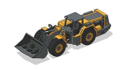 Isometric illustration of a yellow and gray mining loader truck with a full bucket of coal against a white background. © Bismillah