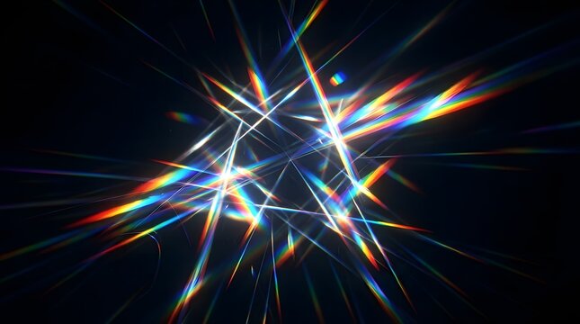 Abstract light prism flare on black background. Colorful rainbow refraction star burst.