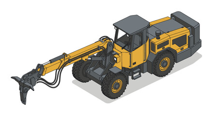 Illustration of a yellow forestry machine with a grapple for handling logs, isolated on a white background. © Bismillah