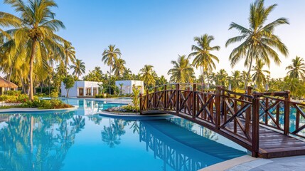 Fototapeta premium A serene tropical scene featuring palm trees, a wooden bridge, and a tranquil blue pool