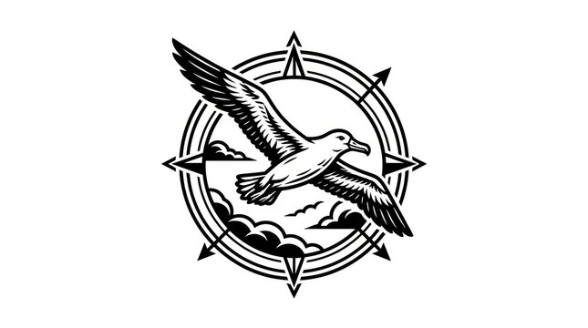 Seagull flying in compass circle.
