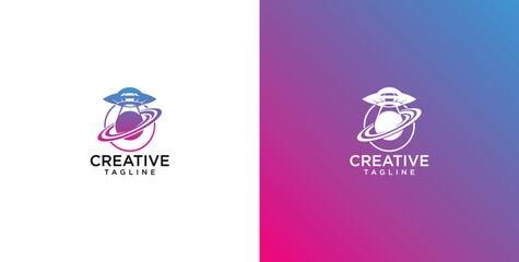 Creative UFO logo design vector template featuring a futuristic spaceship with planetary rings in modern gradient style © jack_