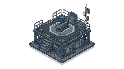 Futuristic isometric sci-fi landing pad with a sleek vehicle and control station. © Bismillah