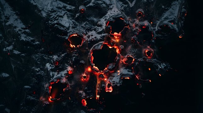Molten lava flowing over dark volcanic rock. Glowing magma texture in a dark landscape.
