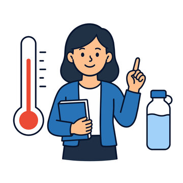 Minimal teacher icon with thermometer and water bottle representing classroom heat safety education and student wellness.