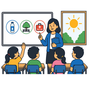 Elementary teacher teaching heat safety inside a classroom while bright summer sunshine shines outside.
