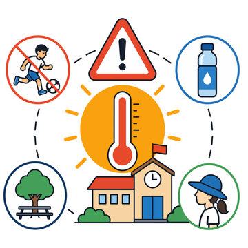 Heat advisory infographic showing hydration, outdoor restrictions, shaded areas and high temperature safety for schools.