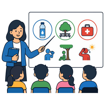 Teacher-led classroom infographic showing hydration, shade, heat warning and emergency awareness for students during hot weather.