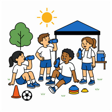 Young students drinking water during outdoor physical education on a hot summer afternoon.