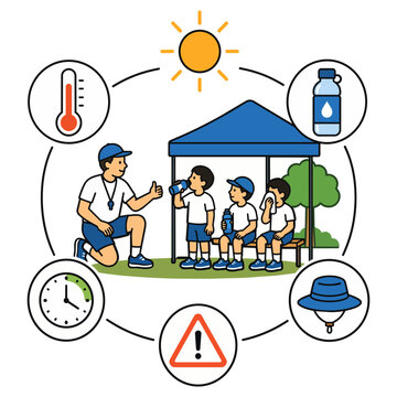 Educational infographic showing hydration breaks, shaded rest areas and safe sports practices during extreme heat.
