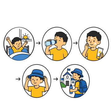 Morning routine infographic showing hydration, sunscreen, hat and school preparation for hot weather.