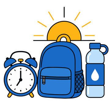 Alarm clock, backpack, water bottle and rising sun icon for healthy school mornings during hot weather.