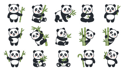 Giant panda bear character icons eating bamboo. © Fatchut