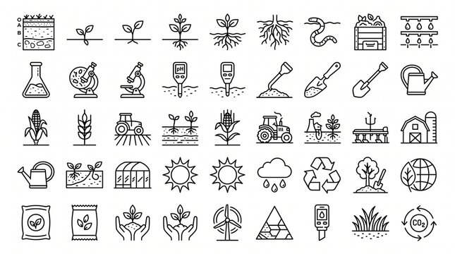 Agriculture and soil icons set. Farming and gardening vector line symbols.