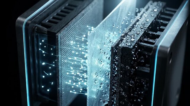 Hydrogen fuel cell interior with protons crossing the membrane layer
