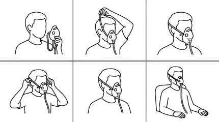 Fototapeta premium Sequence of steps for correctly applying an oxygen or nebulizer mask a minimalist line art illustration for medical instructions and patient education