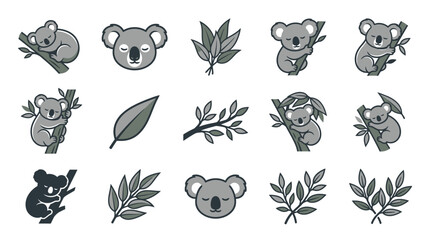 Minimalist koala and eucalyptus leaf icon set © Fatchut