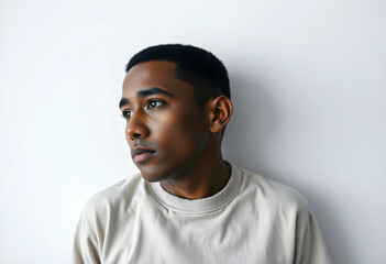Fototapeta premium Portrait of young man in gray shirt looking away