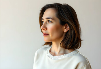 Fototapeta premium Profile portrait of young woman in white sweater with natural skin texture