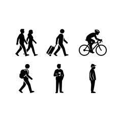 Obraz premium Set of minimalist black silhouettes depicting various people walking and commuting in the city