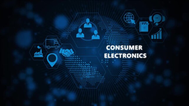 Dynamic digital hud interface featuring consumer electronics concept with global network connectivity, business and futuristic data visualization for advanced corporate technology presentations
