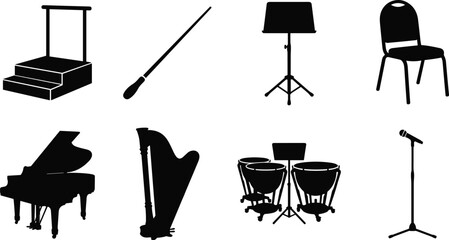 Classical orchestra equipment icon set vector featuring grand piano harp timpani conductor baton music stand and microphone © Hello There