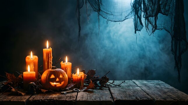 Festive happy halloween background with a carved pumpkin jack o lantern and glowing candles on a rustic wooden table