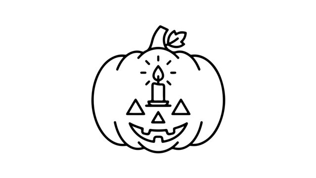 Line-drawn pumpkin with crown-topped hat and triangular nose inside carved pumpkin face for Halloween.