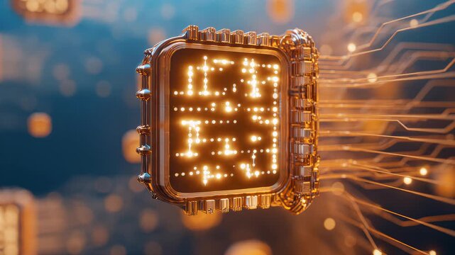 Futuristic glowing microprocessor chip with circuit board connections