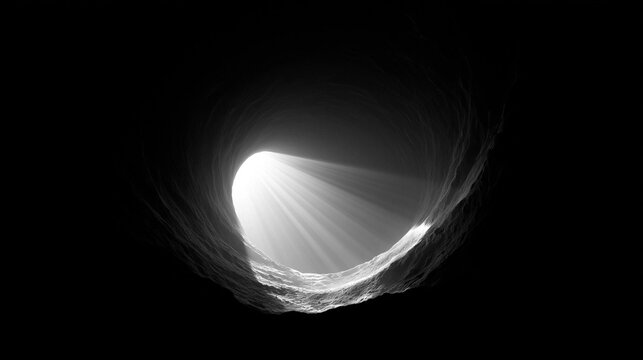 Black and white photograph of a bright light shining through a hole in the dark. the light appears to be emanating from the center of the hole, creating a wave-like pattern around it.