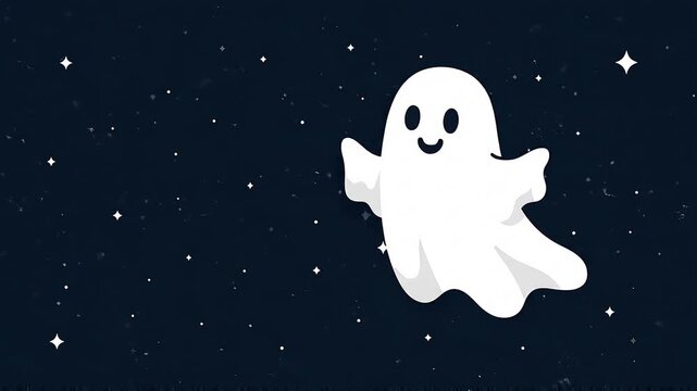 Cute little white ghost character floating through a dark starry night sky background in a whimsical vector illustration style