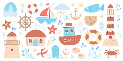 Nautical Illustration Set With Ships Anchors And Marine Life © Rahul