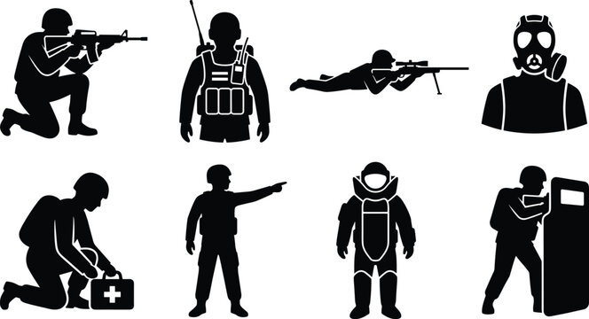 Military soldier silhouette icon set featuring combat sniper medic gas mask and tactical riot shield design elements