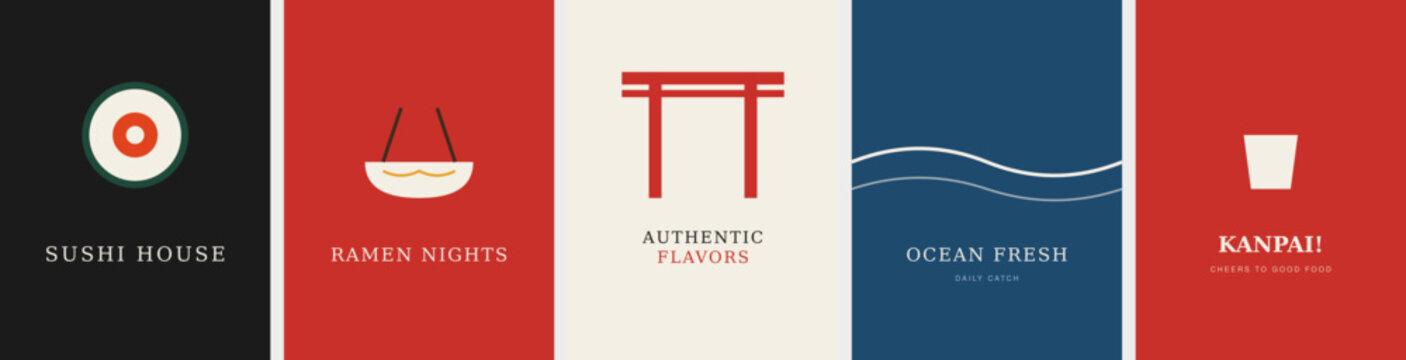 Japanese minimalist logo set, modern sushi and ramen restaurant branding icons, traditional torii gate and wave illustrations, 5 vector banners