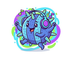 Fototapeta premium Happy Cartoon Virus Character Dancing with Headphones and Music Notes Illustration