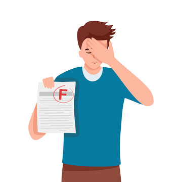 Dejected Student Boy Character Reveals His F Test Result, Disappointment