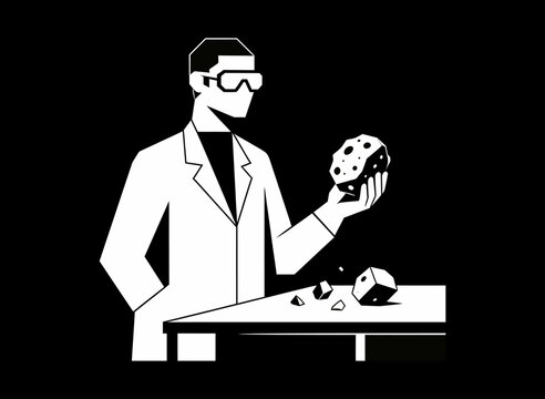 Scientist examining a meteorite in a laboratory research environment, flat illustration style.