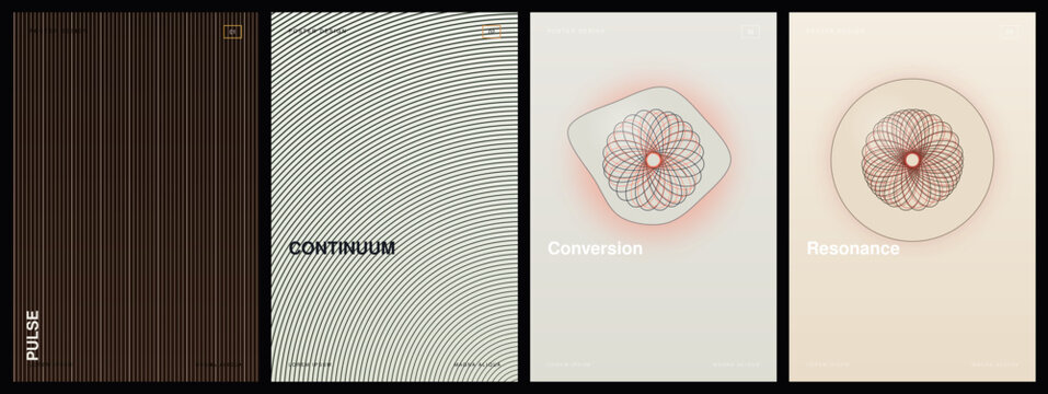 Minimalist abstract poster set with geometric line art, contemporary Swiss style layout collection, 4 vector graphic covers in earth tones