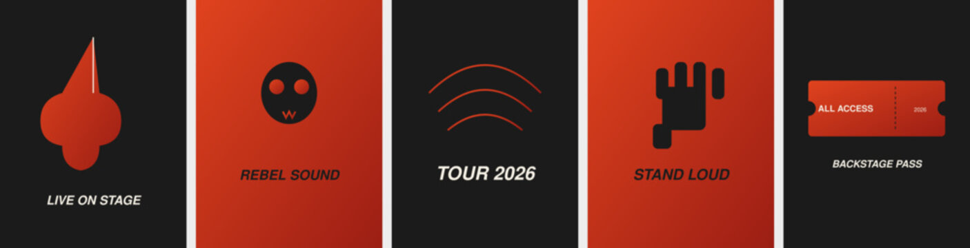 Rock concert poster set with rebel sound and tour 2026 graphics. Red and black music event banners. Live on stage and backstage pass vector templates.
