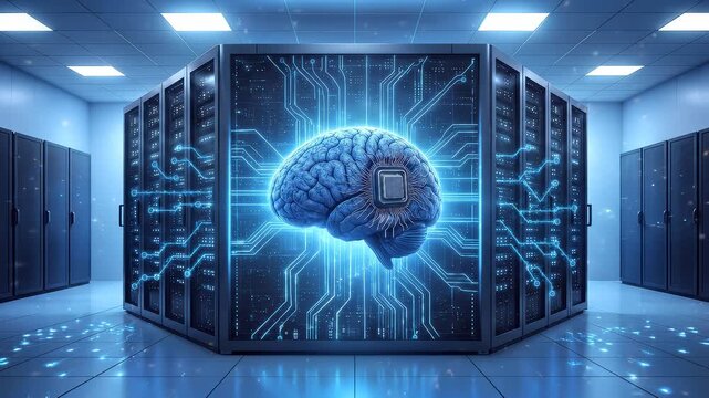 Artificial intelligence brain glowing with blue neural networks in data center. Lockdown shot of futuristic supercomputer server room.