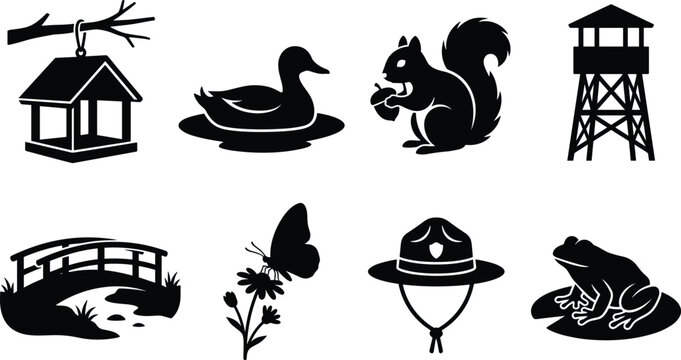 Nature park icon set vector with bird house duck squirrel watchtower footbridge butterfly ranger hat and frog