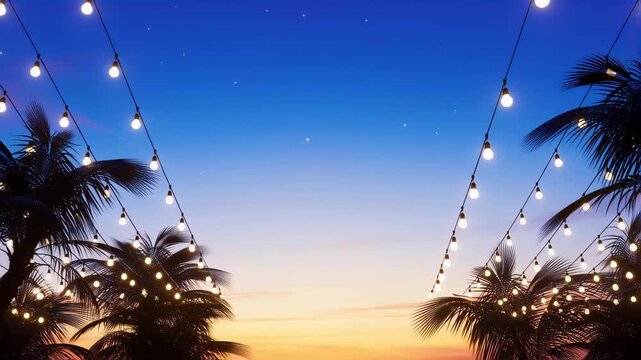 Tropical evening with palm trees and string lights at sunset