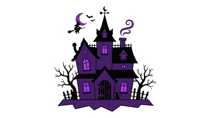 Fototapeta premium Purple-themed haunted mansion with bats and crescent moon in a stylized Halloween illustration.