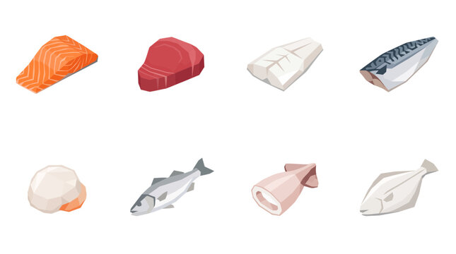 Set of various fresh fish and seafood icons isolated on white background.