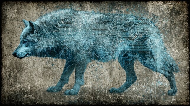 A Digital Wolf Forged From Crackling Electric Circuits, Representing Futuristic Animal Power and Technological Integration