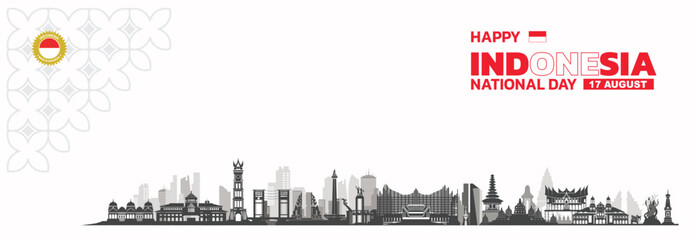 Obraz premium Indonesia National Day Minimal White Banner with Landmark Skyline