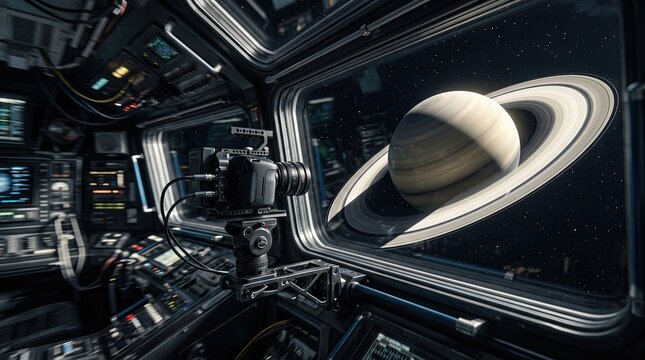 Digital camera capturing saturn from spacecraft window