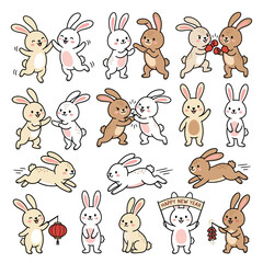 Obraz premium Cute Cartoon Bunnies Performing Various Actions And Celebrating Chinese New Year