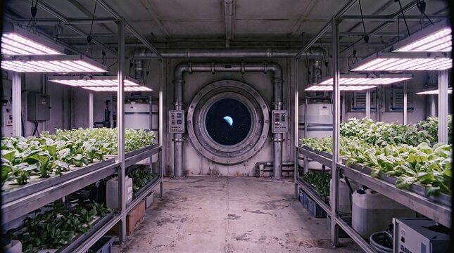 Space station hydroponic garden with earth view