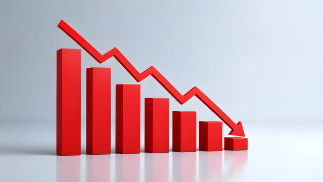 Red descending bar chart with downward zigzag arrow on white floor. Concept of economic recession, financial market crash, and corporate revenue loss.